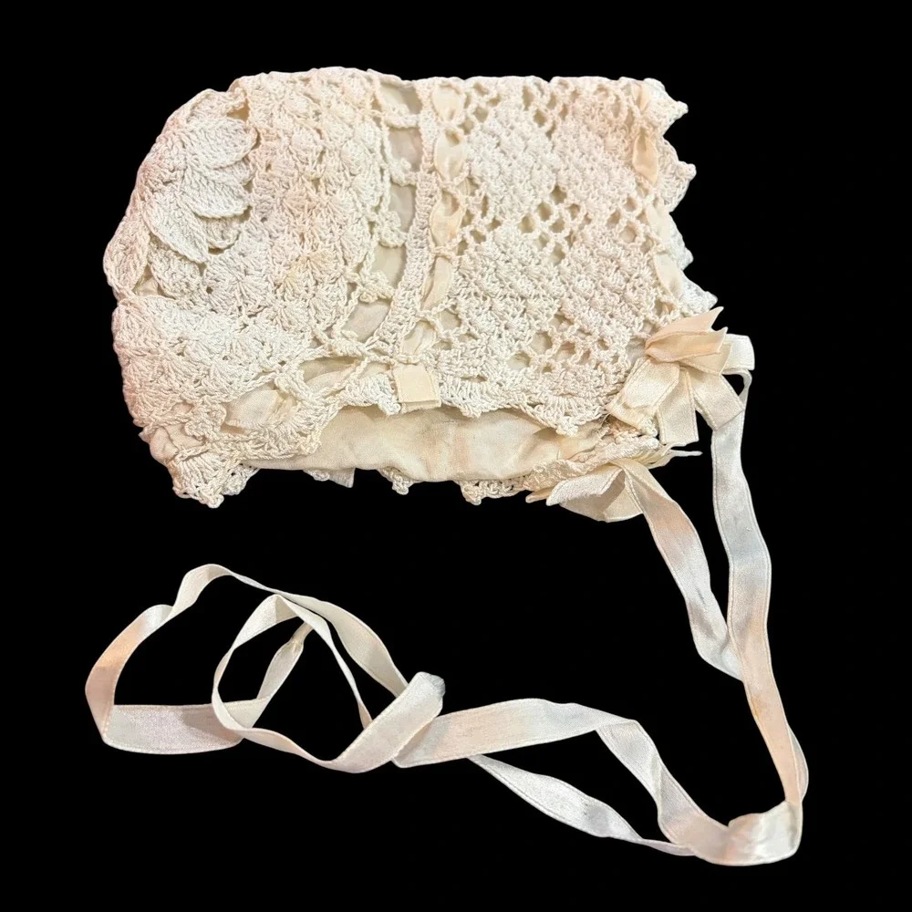 Antique Victorian Edwardian Irish Crochet Baby Bonnet Silk Lining & Rosette 1900
